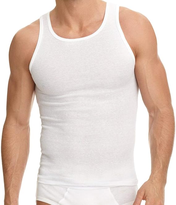 Mens 100% Cotton Tank Top A-Shirt Wife Beater Undershirt Ribbed Black 6 Pack (White, Small)
