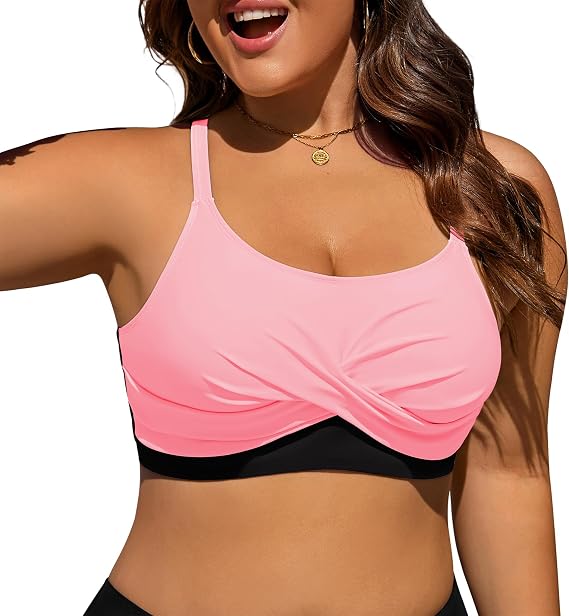 Women Plus Size Bikini Top - Push Up Twist Front Swim Top Full Coverage Swimsuit Tops Bathing Suit Bra for Large Bust
