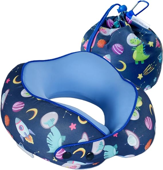 SKYTRAX Certified Kids Safe Memory Foam Travel Neck Pillows for Kids and Toddlers, Cute Cartoon Design, Car Seat & Airplane Head Neck Support, Adjustable Snap Buttons, Washable Soft Cover (Dinosaur)