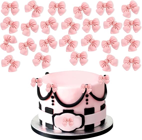 24pcs Pink Bow Cake Topper Bowknot Cupcake Toppers Cake Dessert Picks Decoration For Baby Shower Birthday Wedding Party Supplies