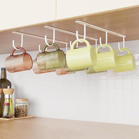 3 Pack Mug Hooks Under Cabinet with 9 Hooks for Displaying Mugs, White