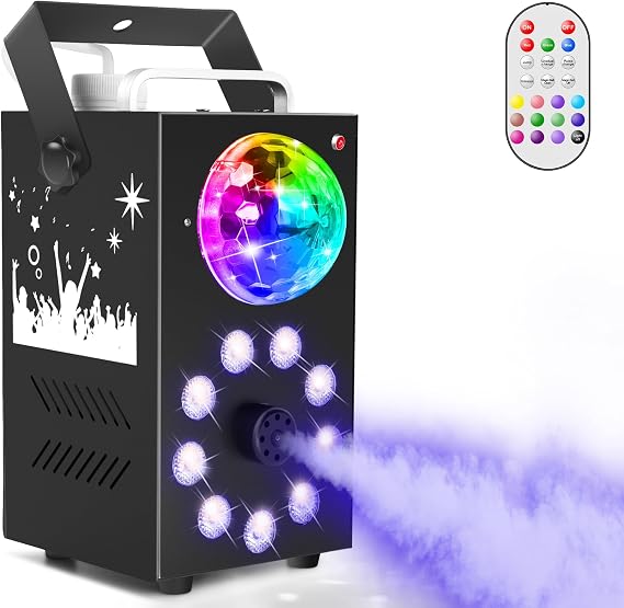 Smoke Machine, 700W Fog Machine, 9 LED Lights with Disco Ball, Remote Control with Strobe, Auto, Single Color, Smoke Mode for Party Christmas Halloween DJ Stage Effect [Energy Class E]