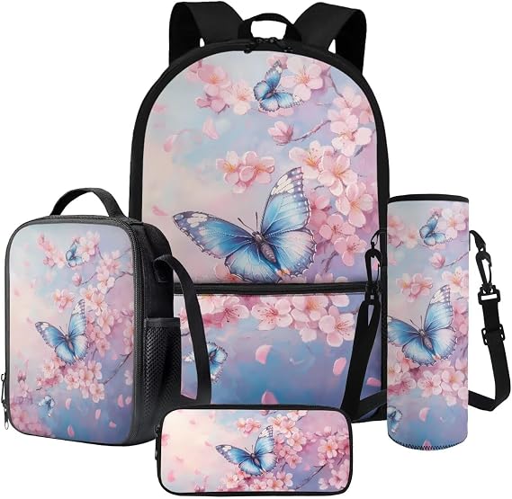 Butterfly Printed School Backpack Set Peach Blossom Backpack and Lunch Box Set with Water Bottle Carrier Pencil Pouch 4 Pieces School Bag Bookbag Set for Preschool, Pink