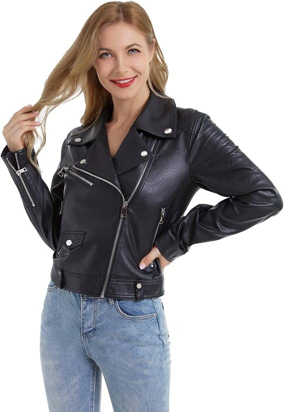 DIASHINY Women Faux Leather Jacket Slim Belted PU Moto Coat