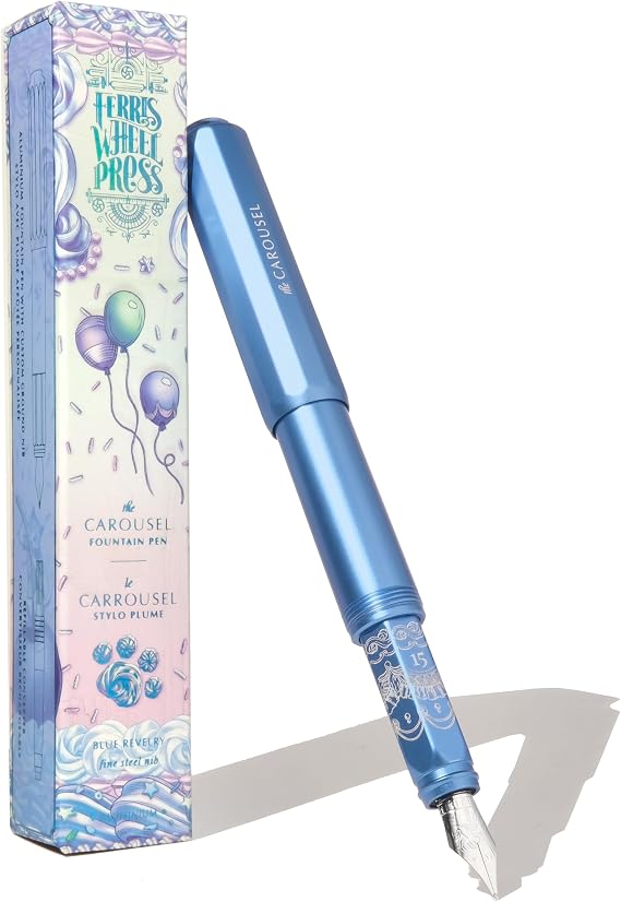 Ferris Wheel Press , Aluminum Carousel Fountain Pen, Blue Revelry, Aircraft grade aluminum body, Threaded cap with air seal system, Medium