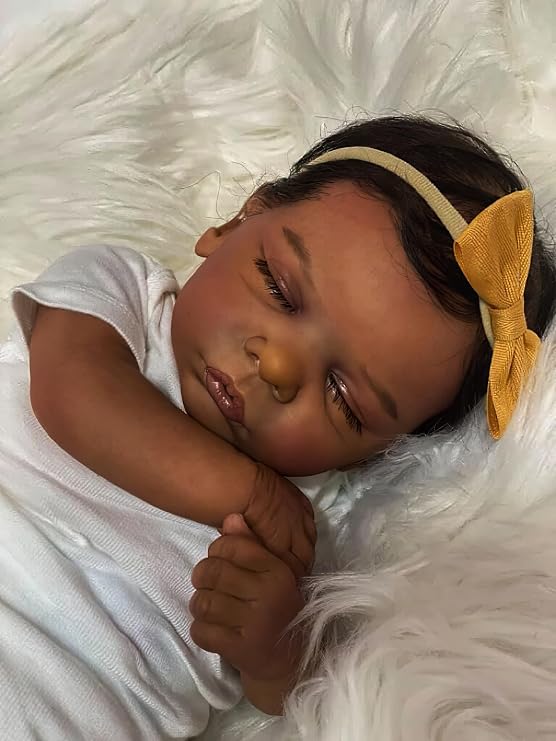 19 Inch Realistic Baby Doll African American Reborn Dolls Newborn Girl Sleeping Baby Doll Lifelike Cuddly Cloth Body with Rooted Hair White Onesie & Yellow Bow