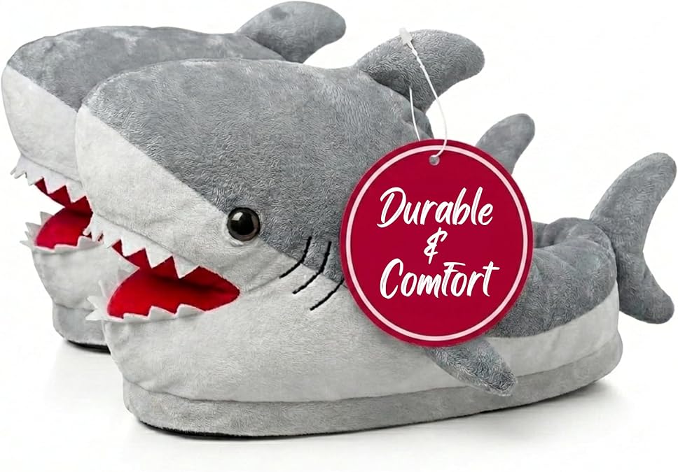 Plush Shark Slippers for Women & Men Cozy Soft Non-Slip Animal House Shoes, Funny Shark Slides for Adults & Kids