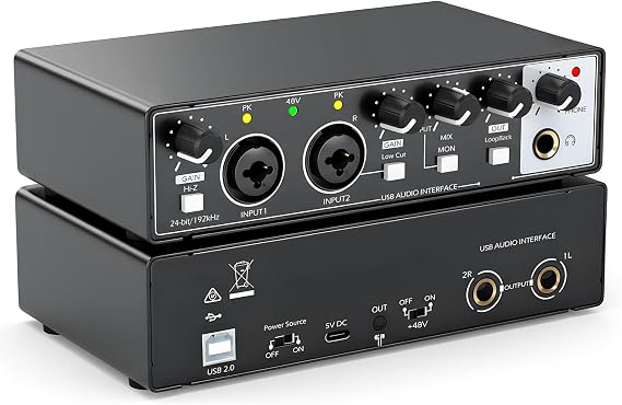 USB Audio Interface for PC Recording, 24-bit/192kHz Computer Audio Interface for Recording Music, 48V Phantom Power Music Recording Studio Equipment, for Home Studio Guitar Podcast Streaming