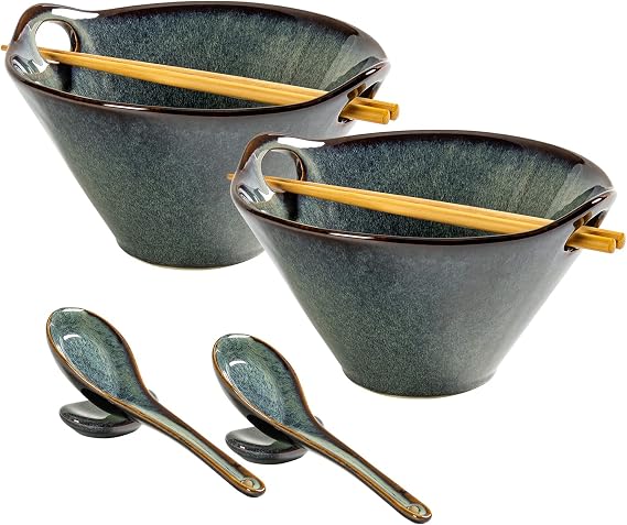 UNICASA Japanese Ramen Bowl Set with Chopsticks, Spoons and Rests, 26oz Deep Porcelain Noodle Bowl Set of 2 for Udon, Pho, Salad, Soup (Teal Green)