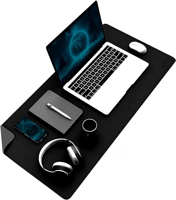 Klasse Double Color Stitched PU Leather Table Mat 80x40 Cm Mousepad, Waterproof Table Cluster, Double Sided Use, For Laptop/Office/Home, Anti-Slip Base (Black And Dark Grey)