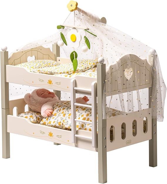 ROBUD Baby Doll Crib, Wooden Baby Doll Beds for 20 Inch Dolls, Green Baby Doll Bunk Beds with Tulle, American Girl Doll Bed for Gifts, WRP11