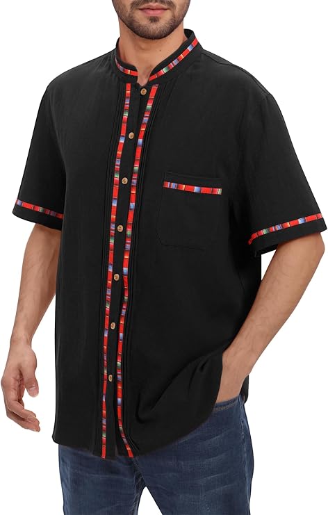 IKADEX Mexican Shirts for Men Traditional Men's Guayabera Dress Shirts Embroidered Button Down Cotton Tops Fiesta with Pocket