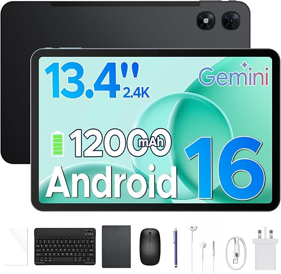 P13 Pro 13.4 Inch Large Tablet, Android 16 Tablets, Gemini AI, 120Hz, 48GB RAM+256GB ROM, 12000mAh/18W, T7280 Octa-Core, 4G Dual SIM, OTG, 16MP, Face ID, 5G WiFi, Tablet with Keyboard, Stylus, Black