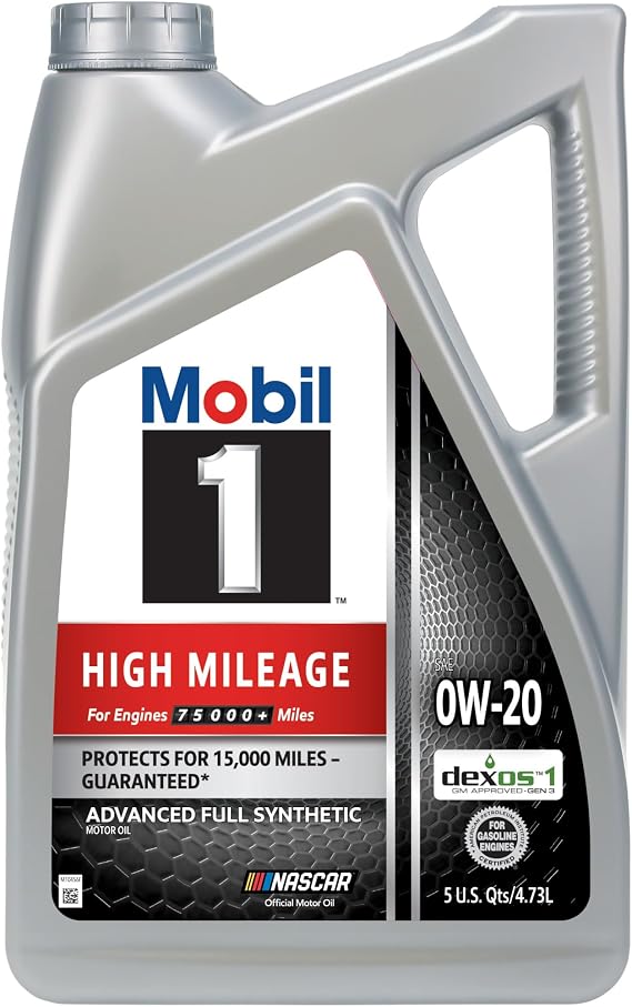 Mobil 1 High Mileage Full Synthetic Motor Oil 0W-20, 5 Quart