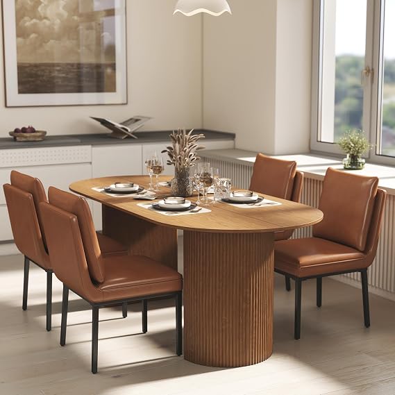 HNY Modern Dining Chairs Set of 4, Brown Leather Upholstered Kitchen & Dining Room Chairs, Mid Century Comfy Armless Accent Side Chair with Removable Double Padded Back and Metal Legs for Living Room