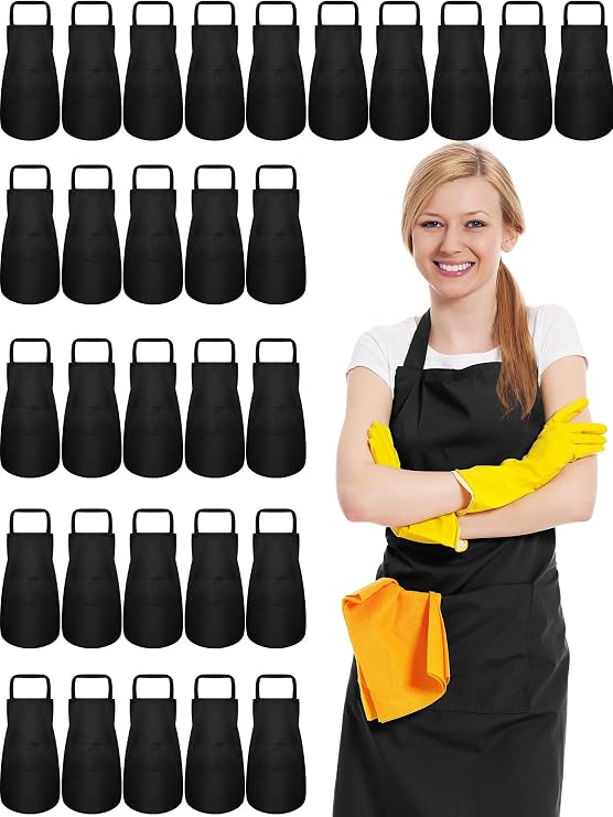 Xtinmee 30 Pack Adjustable Bib Apron with 2 Roomy Pockets Bulk Unisex Commercial Cooking Kitchen Aprons Machine Washable (Black)
