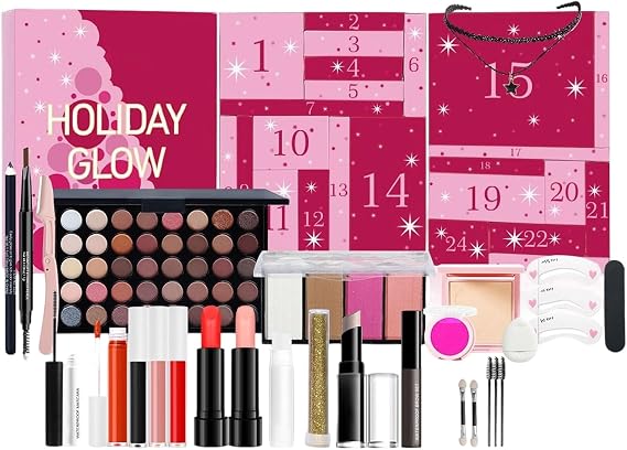 Beauty Christmas Calendar 2025 | 24 Days Beauty Advent | Lipstick Blush Eyeshadow Calendar Full Kit - For Women Birthday New Year Wedding Dating Office School Travel