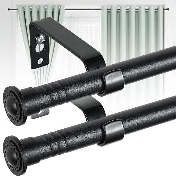2pcs Curtain Poles for Eyelet Curtains, 16mm Matt Black Voile Curtain Pole 76-116cm, Curtain Rod Metal with Adjustable Brackets and Cap Finials for Bedroom, Living Room