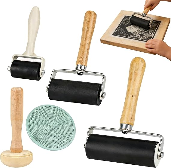 3 Pcs Brayer Roller for Crafts, 3 Sizes of Rubber Roller, with Mushroom Roller and Plastic Stamp Making Pressure Plate for Printmaking, DIY Art Craft (3.5CM/6CM/10CM)