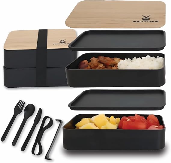 Bento Box Adult Lunch Box Set with Compartments Stackable Dual-Layer Lunch Containers for Men & Women, Lightweight & Durable, Black Base & Wood Grain Lid, for Work, School, Travel, Meal & Prep