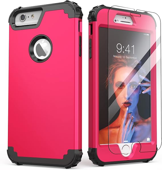 IDweel for iPhone 6S Plus Case with Tempered Glass Screen Protector, for iPhone 6 Plus Case, 3 in 1 Shockproof Slim Hybrid Heavy Duty Hard PC Cover Soft Silicone Bumper Full Body Cover,Rose Red