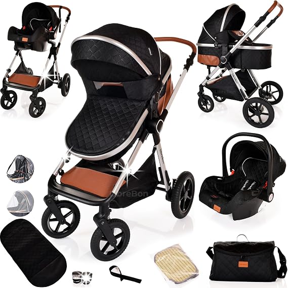Baby Pram Pushchair Buggy with Car Seat Lightweight Stroller Folding Strollers 3 in1 Travel System Baby Trolley Pram for Newborns Toddlers from Birth (Black - Silver Frame)