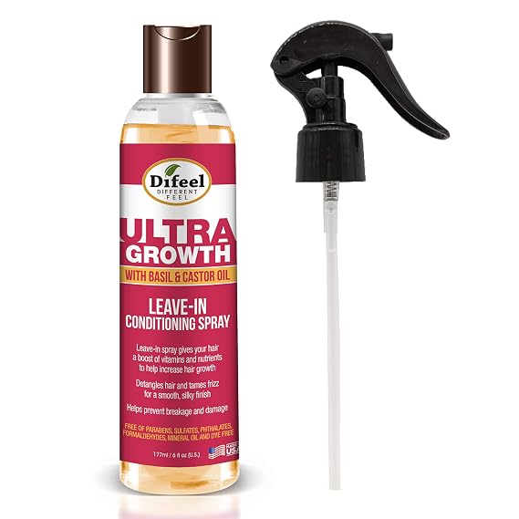 Difeel Ultra Growth Basil & Castor Hair Oil Leave in Conditioning Treatment 6 oz. with Spray Cap & Dispensing Cap