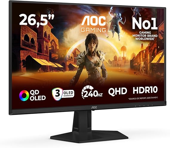 AOC Q27G41ZDF 26.5 inch WQHD Monitor 240Hz, QD-OLED Panel, 0.03ms GtG, Adaptive Sync, HDR10, G-Sync Compatible, (2560x1440 HDMI 1x 2.0 DP 1x1.4) Black/red