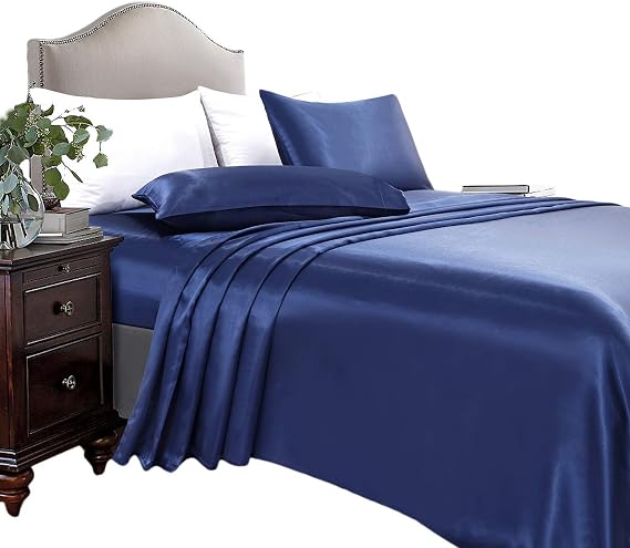 4 PC Satin Twin XL Size Bed Sheet Set 100% Soft Silk Satin Bed Sheet Set with High Thread Count 24'' Deep Pocket Super Soft & Luxury (Blue)