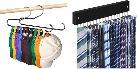 Hat Storage Organizer for Baseball Caps Non Slip PVC Coating Hat Rack Hangers for Closet Black 2 Pack, Tie Rack Belt Hanger Wall Mounted 180 Degree Rotating Belt Organizer Black 1 Pack