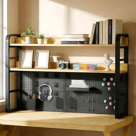 Desktop Hutch Bookshelf with Pegboard,Black, 95CM/37.4IN