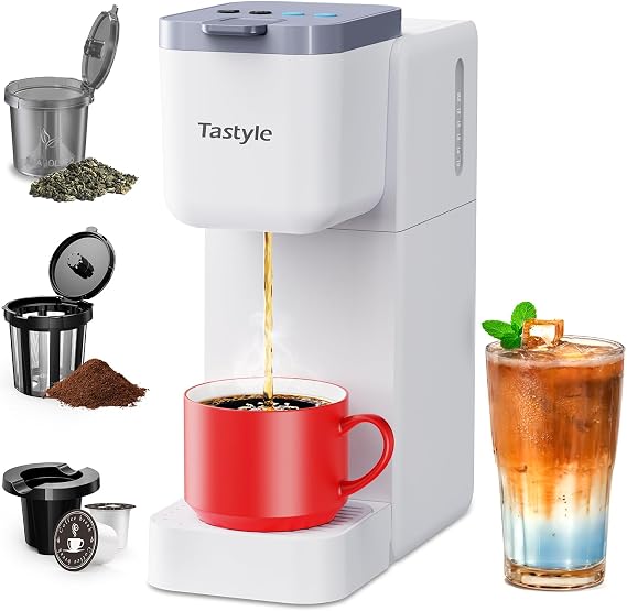 Tastyle Single Serve Coffee Maker for K Cup, Ground and Tea, Hot and Iced Coffee Machines with Bold Setting, 6 to 16 Oz Brew Sizes, Compact for Small Spaces, White (2.0 Version)