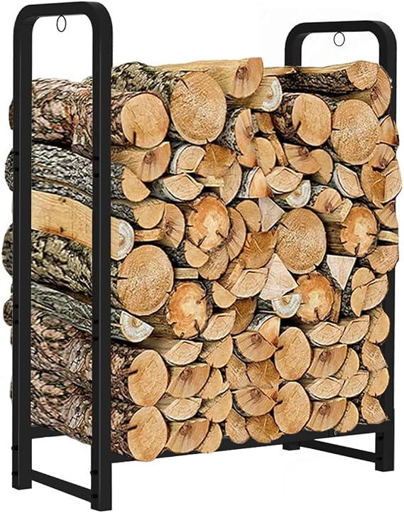 Firewood Rack Stand 2ft Heavy Duty Logs Holder for Outdoor Indoor Fireplace Metal Wood Pile Storage Stacker Organizer, Matte Black