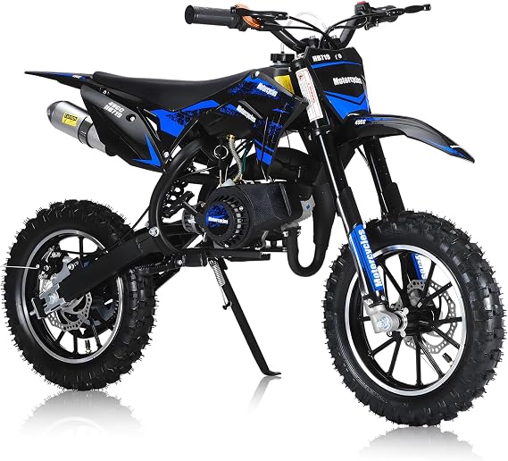 49cc Kids Dirt Bike 2-Stroke - Mini Kids Dirtbike with Front Rear Disc Brakes, Gas Dirt Bikes with Off-Road Tires, Shock Absorption, Soft Seat Cushion, Dirtbikes Load Capacity Up to 330LBS Blue