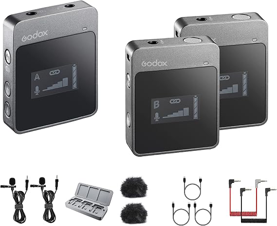 GODOX MoveLink M2 Wireless Lavalier Microphone System, 2.4G Dual-Channel Lapel Mic with 2 Transmitter,1 Receiver,Charging Case for Smartphone,DSLR Cameras for YouTube Interview Video Recording
