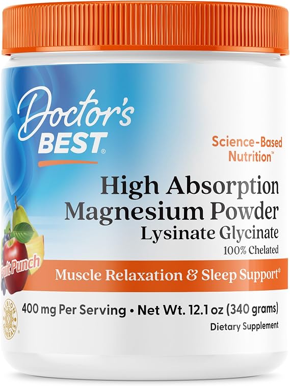 Doctor's Best Magnesium Glycinate Powder, Fruit Punch Flavor, 12.1 oz