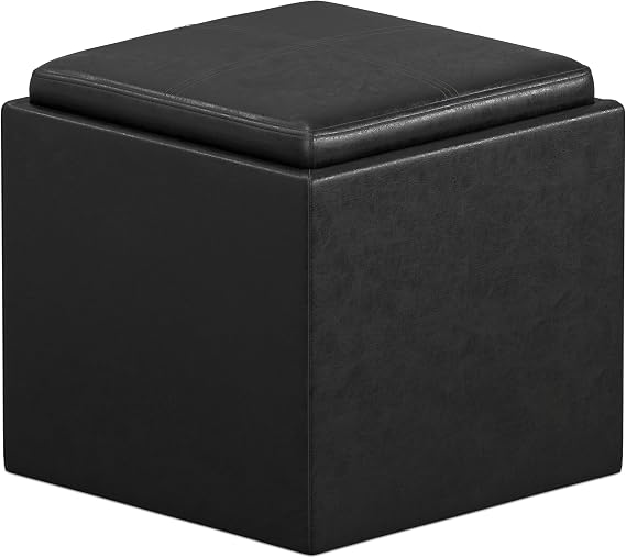 SIMPLIHOME Rockwood 17" Wide Vegan Leather Storage Ottoman in Black | Distressed black, contemporary ottoman with flip-over tray top and hidden storage; cube storage bench for living room.