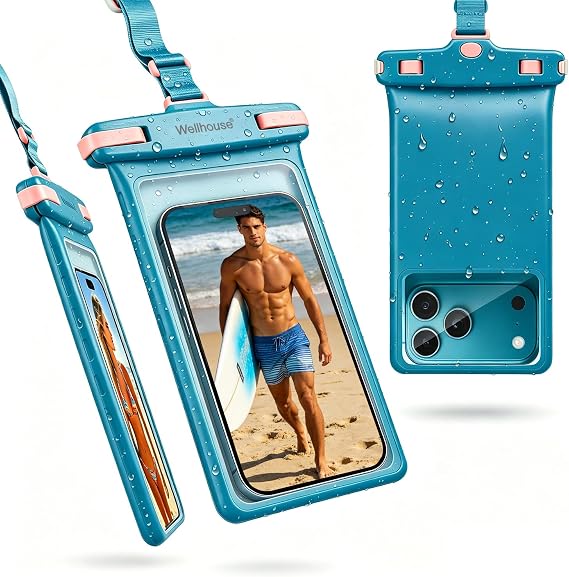 wellhouse Waterproof Cell Phone Pouch, Waterproof Phone Case for iPhone 15 14 13 12 Pro Max XS Samsung, IPX8 3D Cell Phone Dry Bag Beach Essentials - Blue 1 Pack 8 Inch