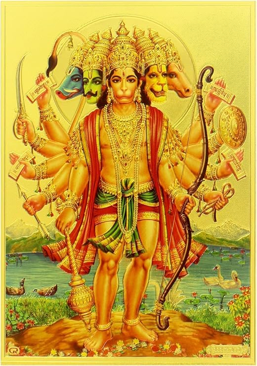 Gold Standing Panchmukhi Hanuman Photo Poster | 7" Unframed | 180 GSM Foil