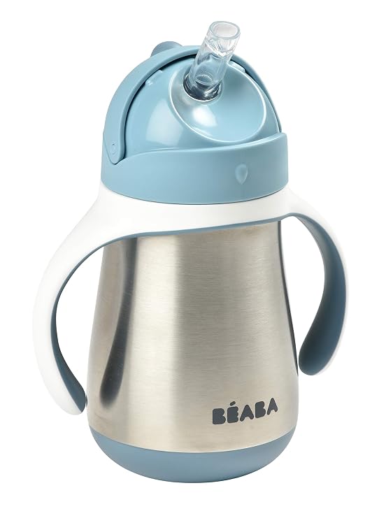 Beaba Stainless Steel Straw Sippy Cup, Insulated Toddler Cups Spill Proof with Removable Handles, Made with High Grade Stainless Steel, 8+ months, 8.5 oz (Rain)