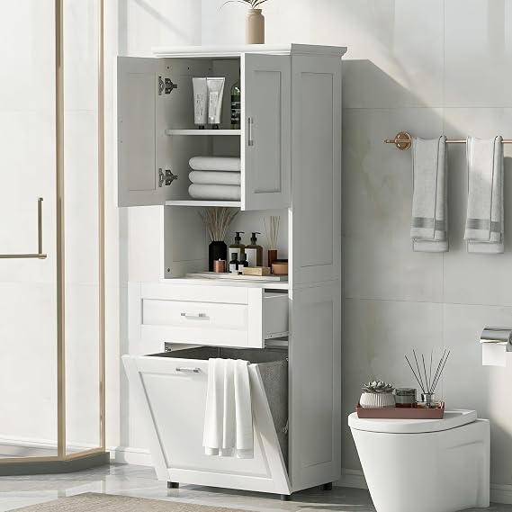 Tall Tilt Out Laundry Hamper with Storage Drawer and Cabinet Laundry Basket, Wood Bathroom Storage Cabinet, White