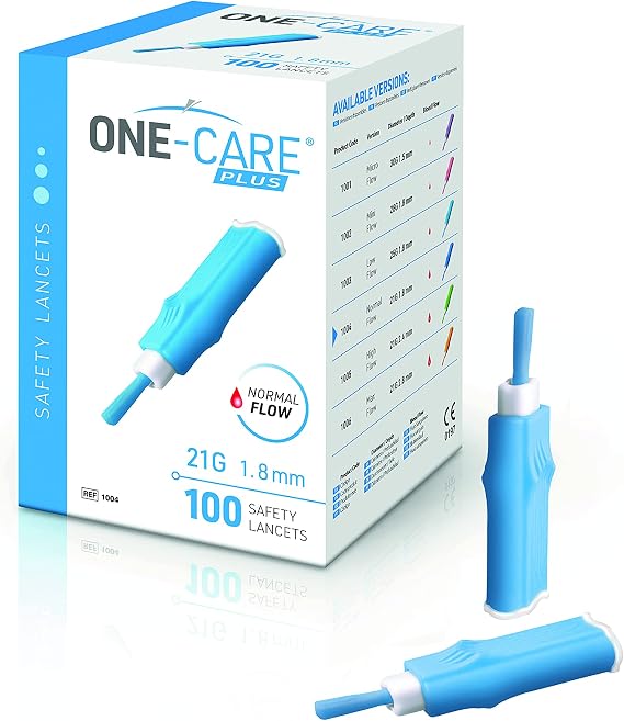 ONE-Care Plus Safety Lancets 21G x 1.8mm, Contact-Activated, 100/bx | Gentle Fingerstick Glucose Testing, Preloaded, Ready-To-Use, Retractable, Compact Size, Easy Twist-Off Cap