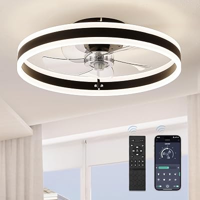 LEDIARY Low Profile Ceiling Fans with Lights, Flush Mount Modern Ceiling Fan and Remote Control, 19.7 LED Ceiling Fans, Stepless Dimmable 3 Colors and 6 Speeds - Black
