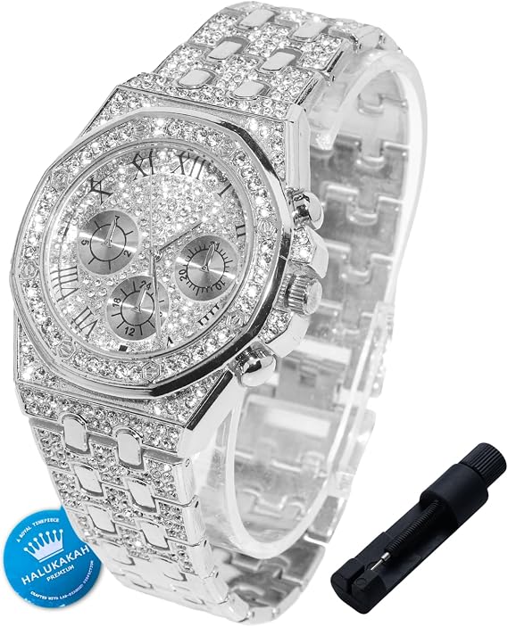 Halukakah Diamonds Watch Iced Out for Boy Teens Kids - 18K Real Gold/Platinum Plated,40mm Roman Numerals Octagonal Dial,Japanese Quartz - 20cm Length -Optional with Cuban Link Chain,with Adjuster Tool