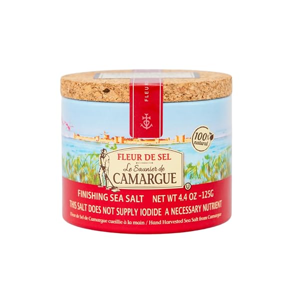 Le Saunier de Camargue Fleur de Sel French Sea Salt Finishing Salt Gourmet Hand-Harvested Flaky Salt in Resealable Cork-Topped Container 125g