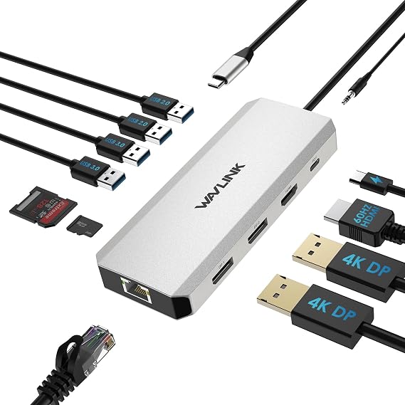 WAVLINK Laptop Docking Station,Triple Monitors,Dual DisplayPort,HDMI,85W PD | 12 In 1 Multiport USB C Dock, Single 4K@60Hz, Gigabit Ethernet,3USB-A, SD/TF and Mic/Audio for Dell/HP/Lenovo, Windows Only