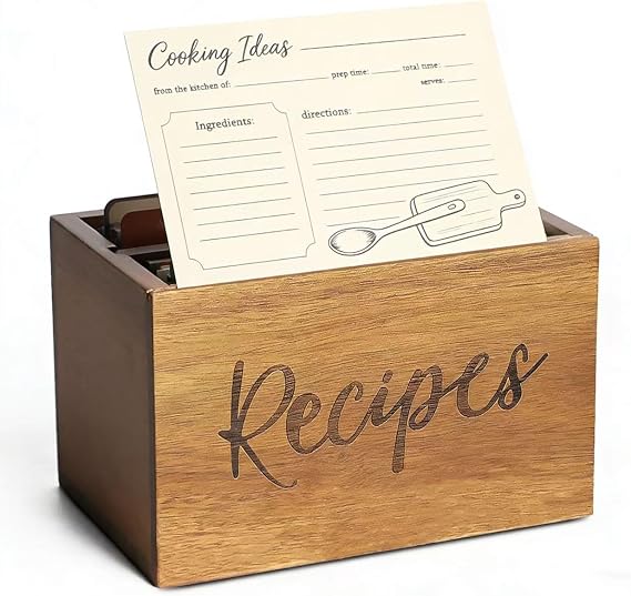 LBEMEY Acacia Wood Recipe Organizer - Farmhouse Recipe Holder Storage Organizer for Kitchen, Family, Wedding