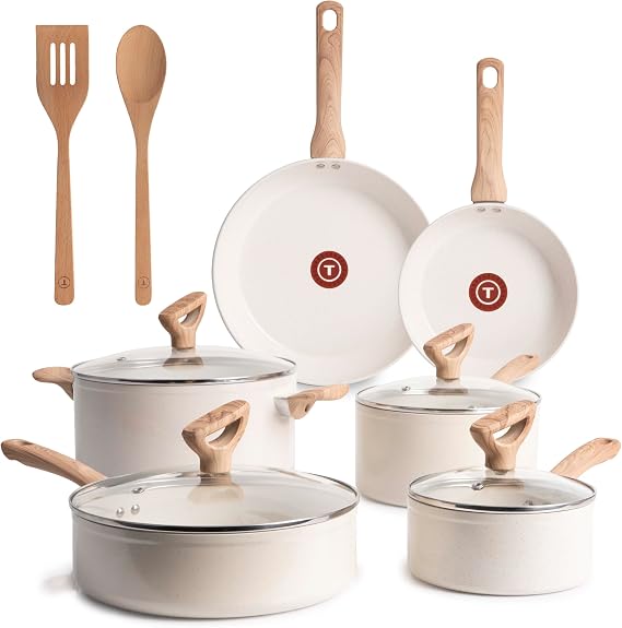 T-Fal Revive Ceramic Nonstick Cookware Set, Oven Safe Up to 350oF, 12-Piece, Includes Stockpot, Saucepan, Skillet, Frying Pans, Utensils, Ceramic Pots and Pans Set, Beige Granite