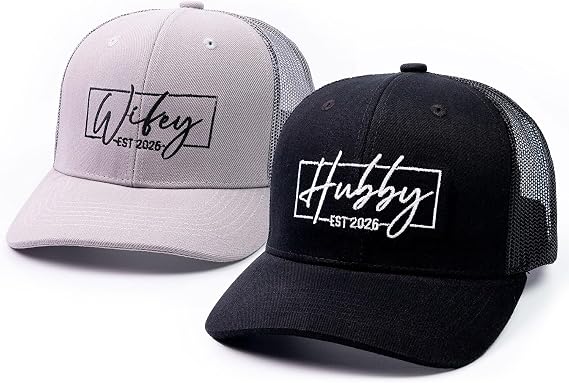68LDROOTER Hubby & Wifey EST 2026 Trucker Hat Set Matching Hats for Couples, Bridal Shower Gifts, Wedding Keepsakes, Newlywed for Him & Her