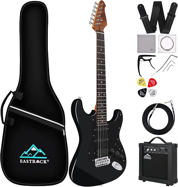 EASTROCK Electric Guitar 39 inch Full Beginner Starter kit Full Size, Package All Accessories, Strings, Picks, Tremolo Bar, Strap, and Case Bag (39" Right Handed, Black)